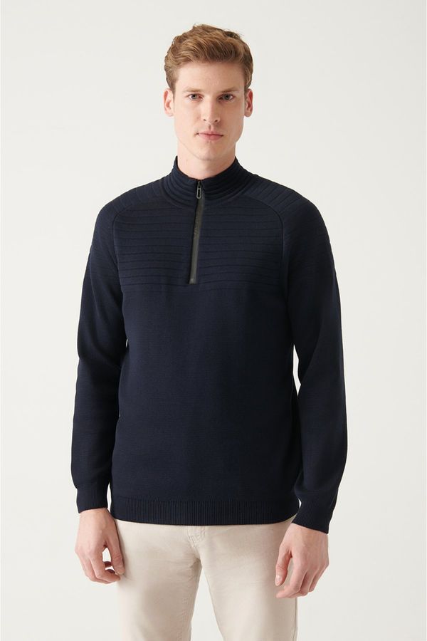 Avva Avva Men's Navy Blue Half Zipper High Neck Knit Detail Cotton Regular Fit Knitwear Sweater