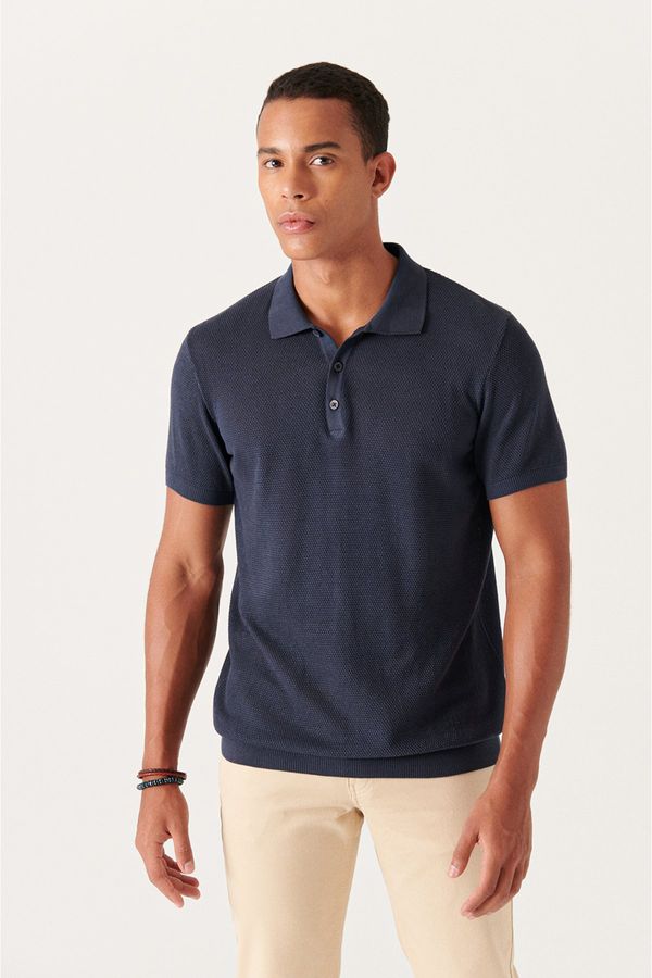 Avva Avva Men's Navy Blue Polo Collar Textured Ribbed Standard Fit Regular Cut Knitwear T-shirt