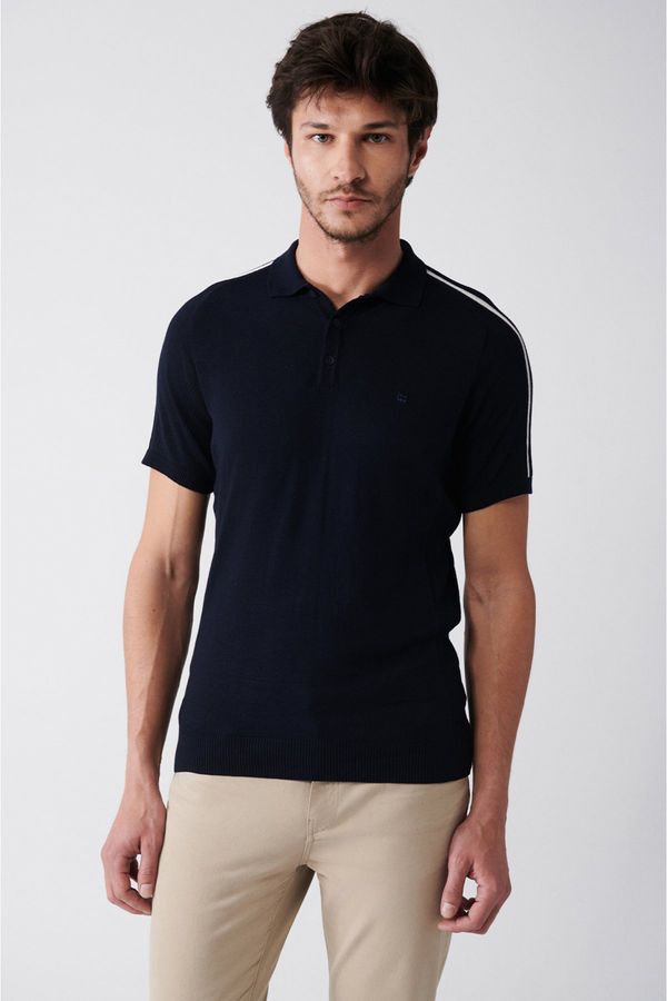 Avva Avva Men's Navy Blue Polo Neck Stripe Detailed Shoulder Ribbed Standard Fit Regular Cut Knitwear T-shirt