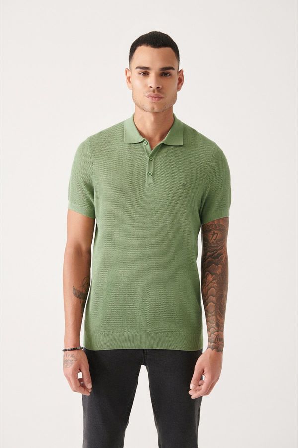 Avva Avva Men's Water Green Polo Collar Textured Ribbed Regular Fit Knitwear T-shirt
