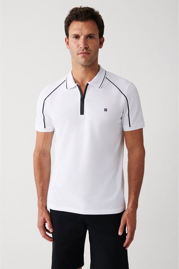 Avva Avva Men's White 100% Cotton Shoulder Piping Zippered Standard Fit Regular Cut Polo Neck T-shirt