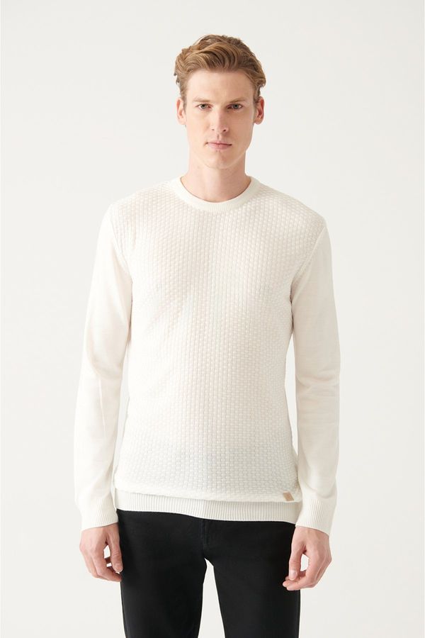Avva Avva Men's White Crew Neck Front Textured Standard Fit Normal Cut Knitwear Sweater