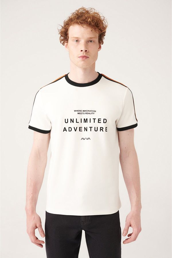 Avva Avva Men's White Crew Neck Printed Shoulder Stripe Standard Fit Regular Fit T-shirt