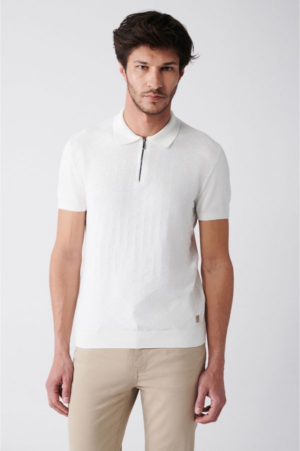 Avva Avva Men's White Polo Neck Jacquard Ribbed Standard Fit Regular Cut Knitwear T-shirt