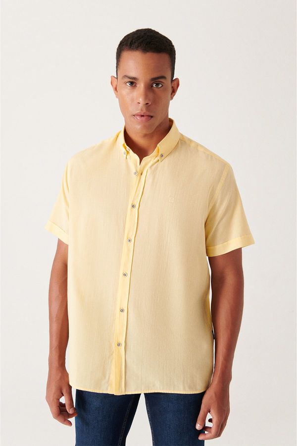 Avva Avva Men's Yellow Button Collar 100% Cotton Thin Short Sleeve Regular Fit Shirt