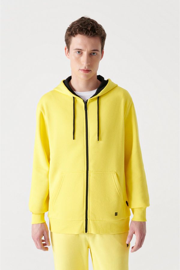 Avva Avva Neon Yellow Unisex Sweatshirt Hooded Fleece 3 Thread Zipper Regular Fit