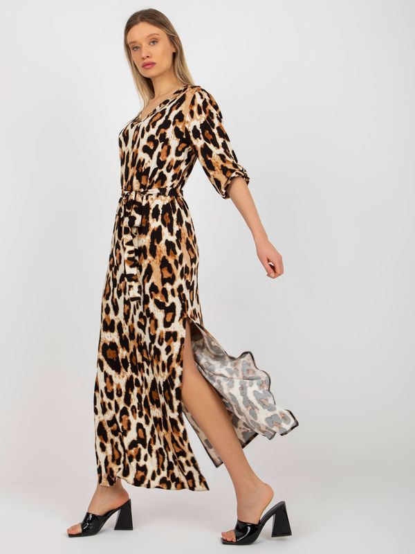 Fashionhunters Beige and black midi dress with leopard pattern and tie