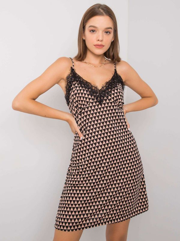 Fashionhunters Beige and black patterned shoulder dress Emeline RUE PARIS