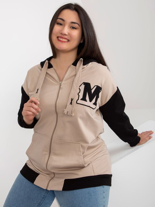 Fashionhunters Beige and black plus size zippered sweatshirt with patch