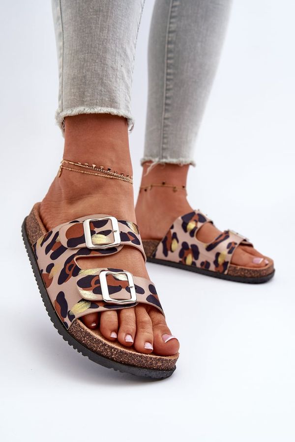 Kesi Beige and brown women's slippers with Oliena buckles