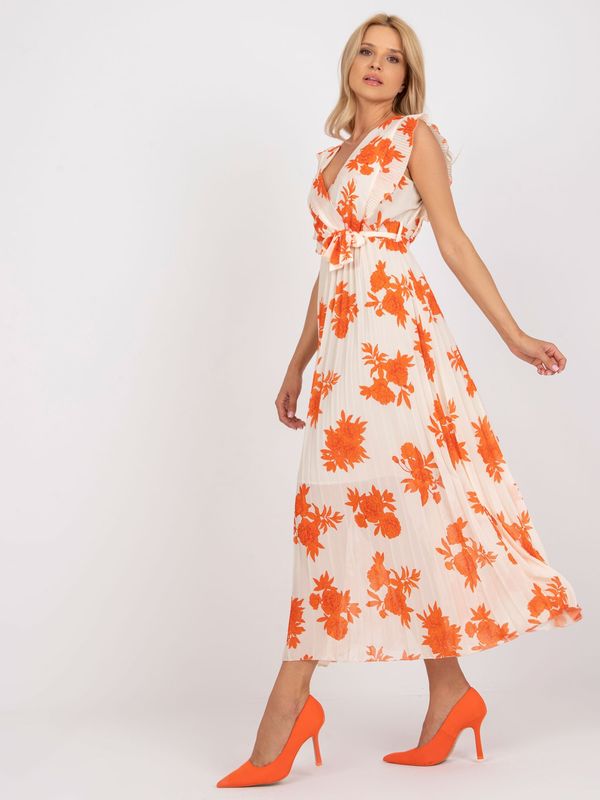 Fashionhunters Beige and orange long pleated dress with prints