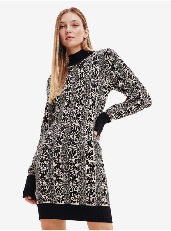 DESIGUAL Beige-black women's patterned sweater dress Desigual Francesca - Lacroi - Ladies
