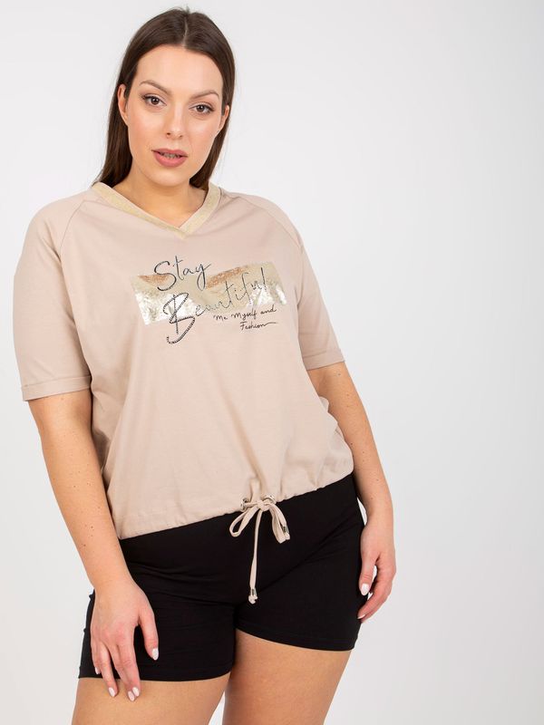 Fashionhunters Beige blouse of larger size with print and application