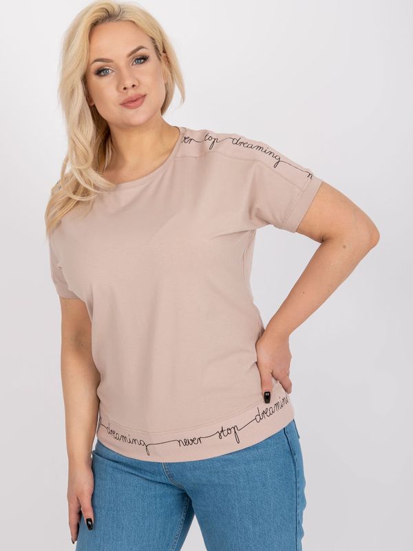 Fashionhunters Beige cotton blouse of larger size with inscriptions