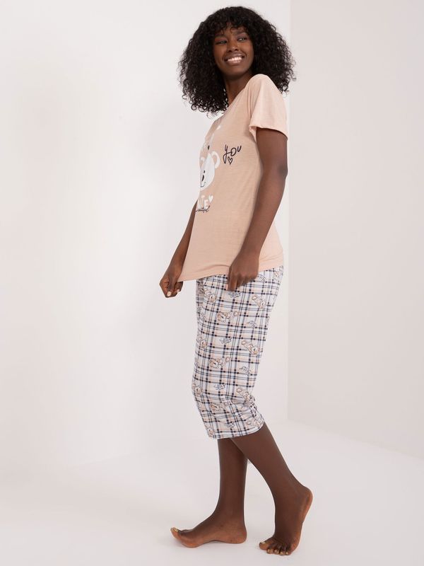 Fashionhunters Beige cotton pajamas with 3/4 pants