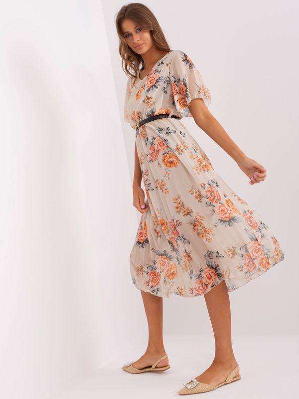 Fashionhunters Beige floral midi dress with belt