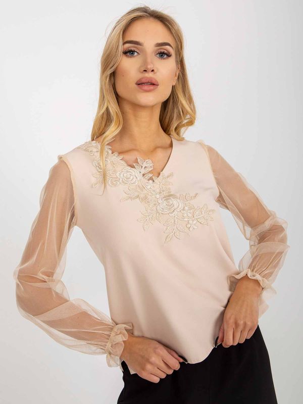 Fashionhunters Beige formal blouse with mesh sleeves