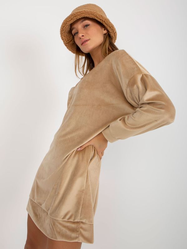 Fashionhunters Beige loose velor dress with neckline