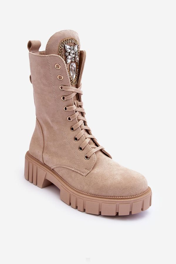 Kesi Beige Marx Suede Work Ankle Boots with Jewelry Decoration