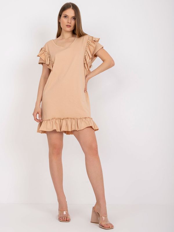 Fashionhunters Beige minidress with frills and short sleeves
