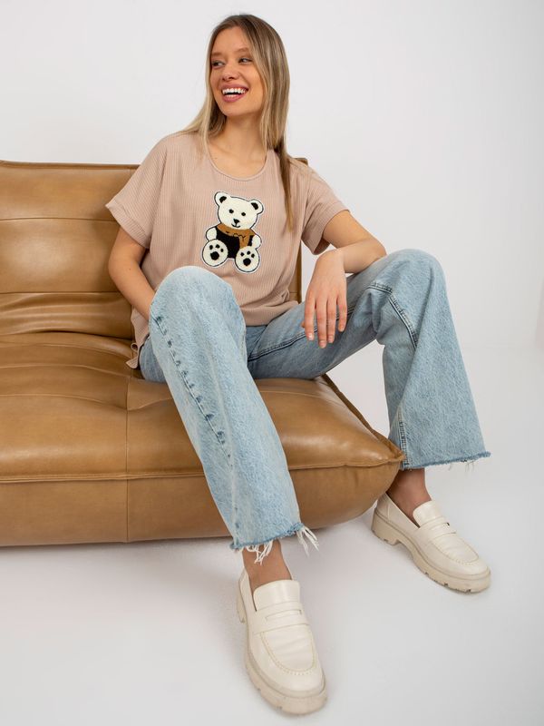 Fashionhunters Beige ribbed oversize blouse with teddy bear