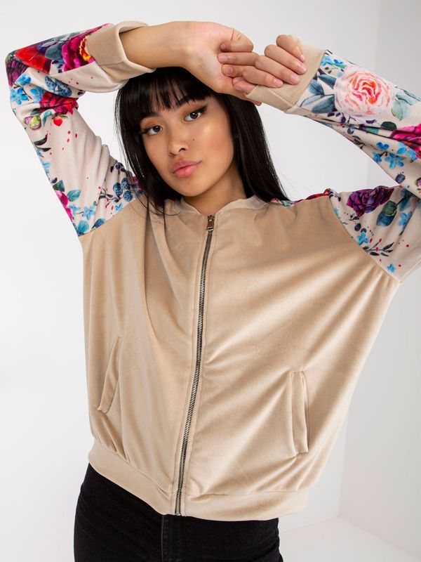 Fashionhunters Beige velour sweatshirt type bomber with prints RUE PARIS