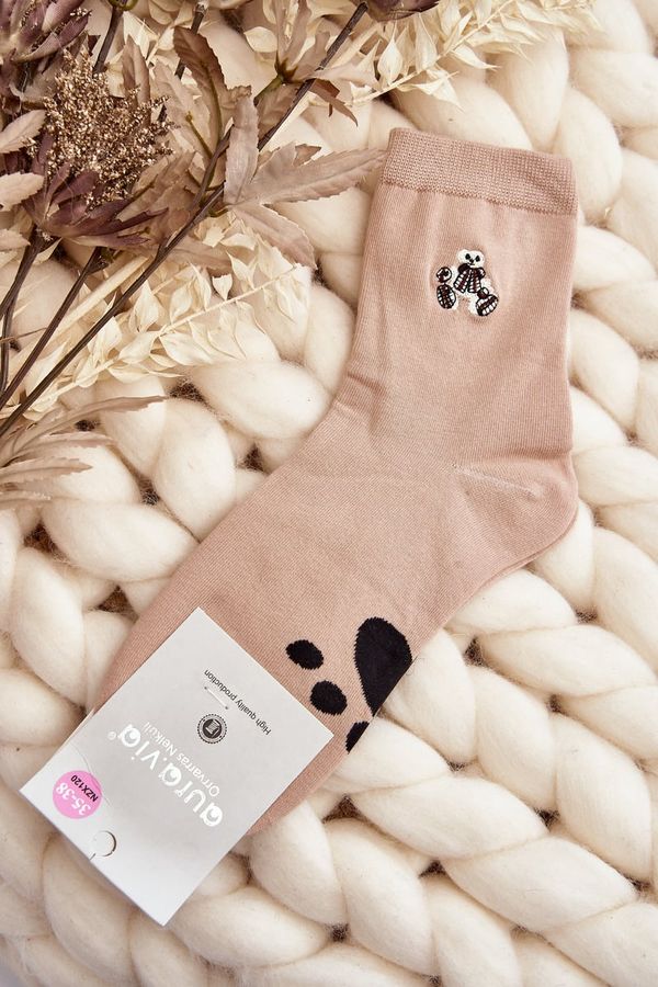Kesi Beige women's cotton socks with teddy bear applique