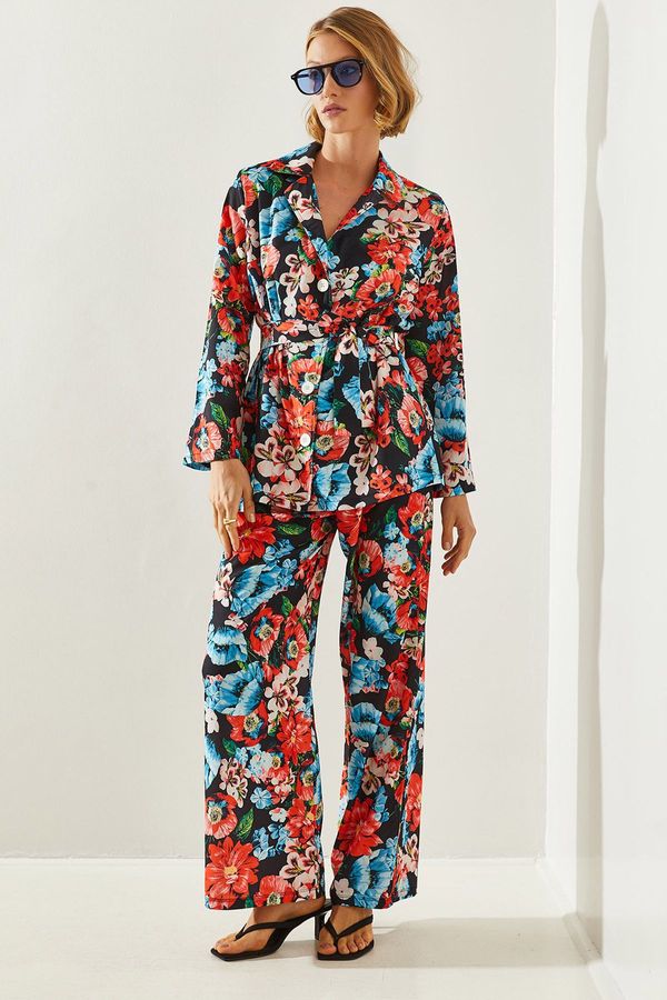 Bianco Lucci Bianco Lucci Women's Belt Detailed Palazzo Pants Floral Patterned Bottom and Top Set 21255