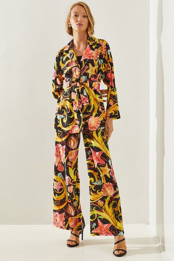 Bianco Lucci Bianco Lucci Women's Belt Detailed Palazzo Pants Patterned Bottom Top Set 21255