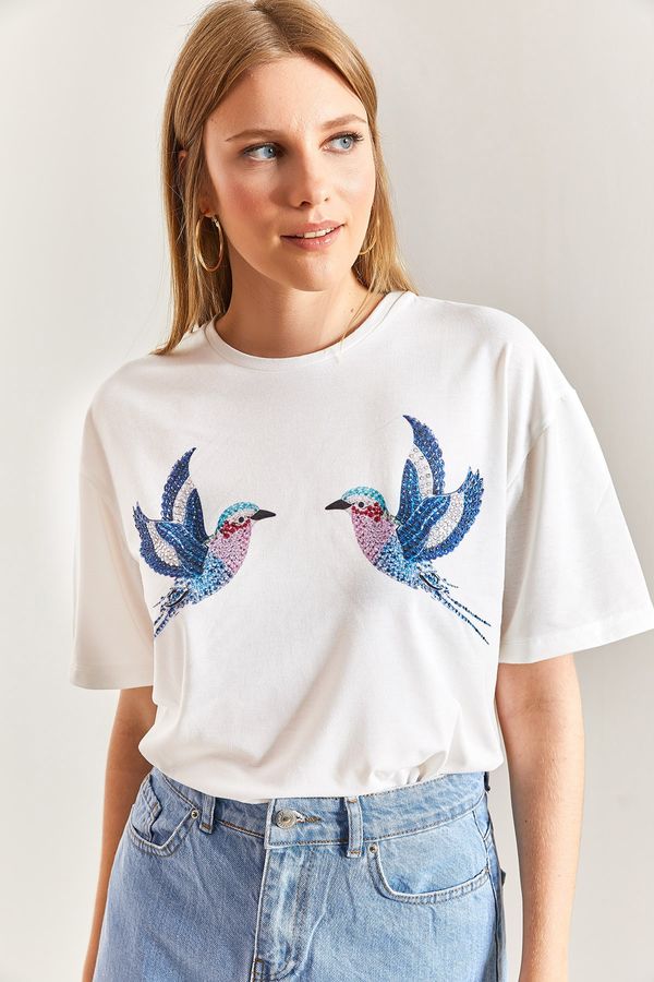 Bianco Lucci Bianco Lucci Women's Bird Patterned Combed Combed Cotton Tshirt