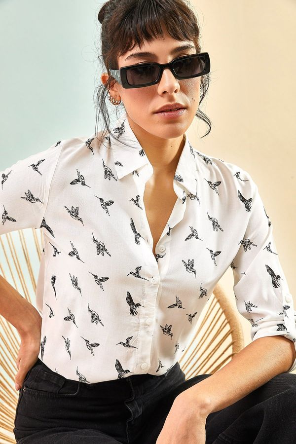 Bianco Lucci Bianco Lucci Women's Bird Patterned Viscose Shirt with Fold Sleeves