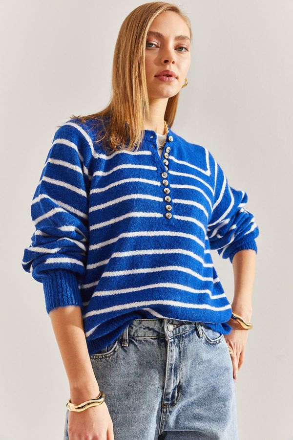 Bianco Lucci Bianco Lucci Women's Button-down Collar Turtleneck Striped Knitwear Sweater