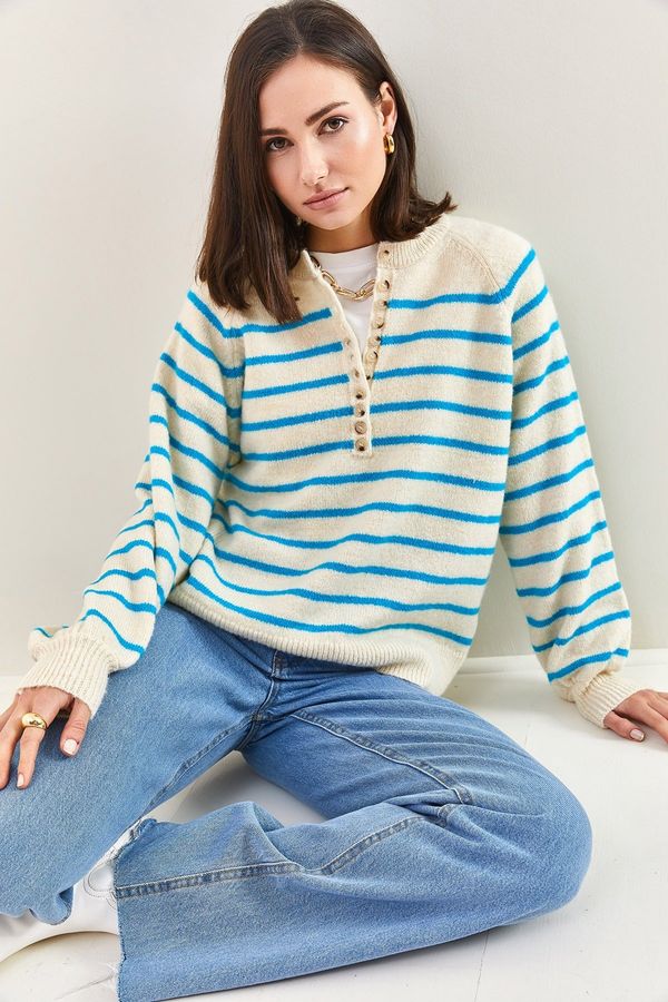 Bianco Lucci Bianco Lucci Women's Buttoned Collar Turtleneck Striped Knitwear Sweater