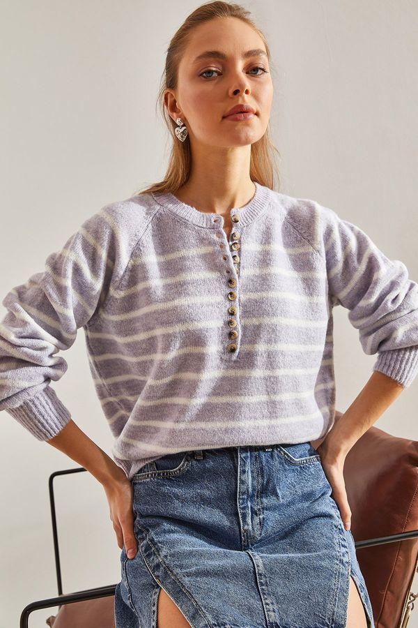 Bianco Lucci Bianco Lucci Women's Buttonhole Turtleneck Striped Knitwear Sweater