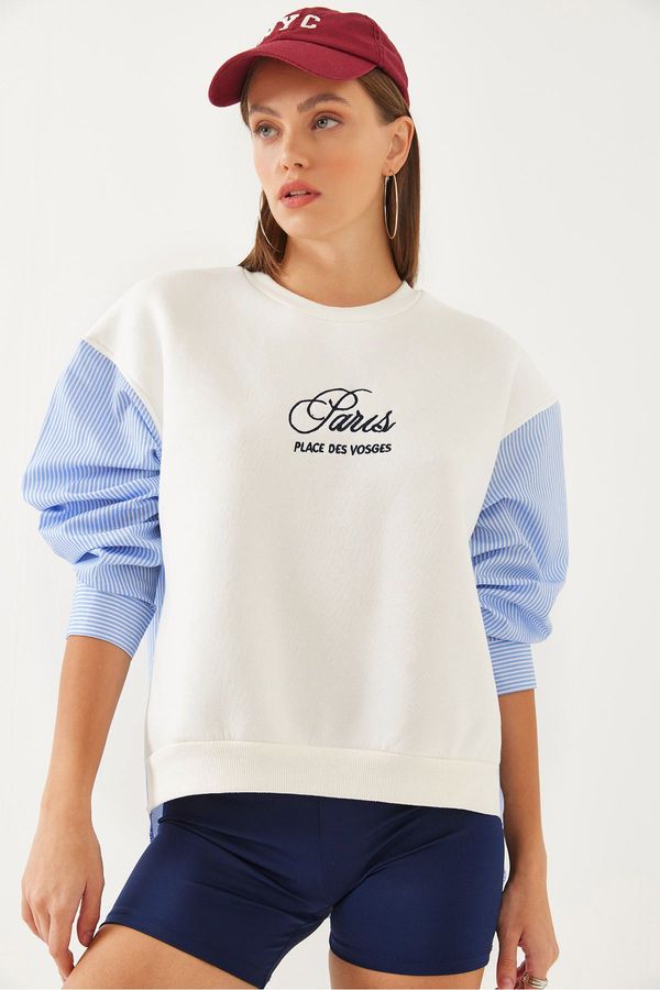 Bianco Lucci Bianco Lucci Women's Crew Neck Shirt Sleeve Garnish 3 Thread Inside Raised Embroidered Sweatshirt