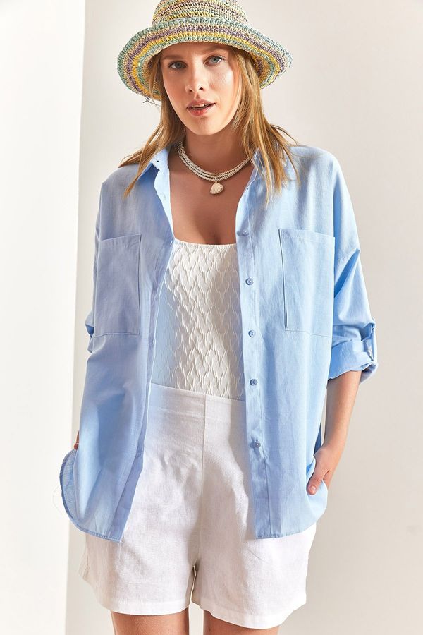 Bianco Lucci Bianco Lucci Women's Double Pocket Oversize Linen Shirt