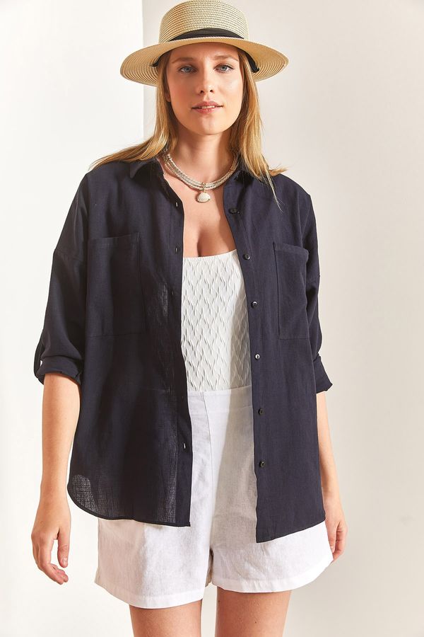 Bianco Lucci Bianco Lucci Women's Double Pocket Oversize Linen Shirt