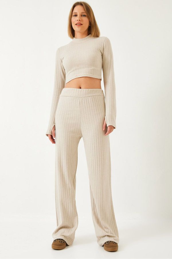 Bianco Lucci Bianco Lucci Women's Fingered Elastic Waisted Palazzo Pants Ribbed Bottom-Top Suit 0206