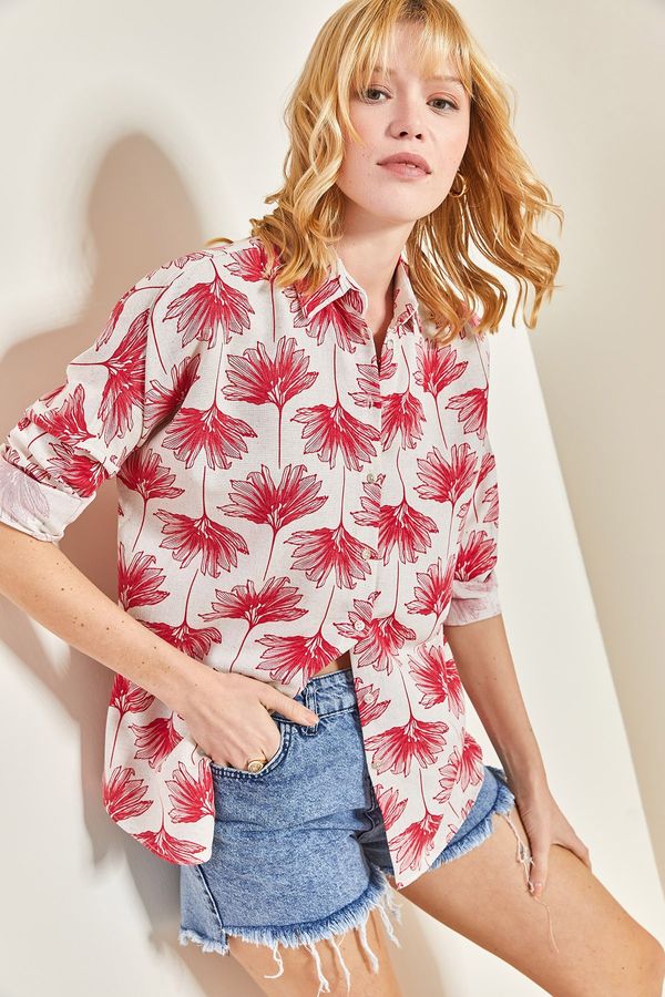 Bianco Lucci Bianco Lucci Women's Floral Patterned Linen Shirt