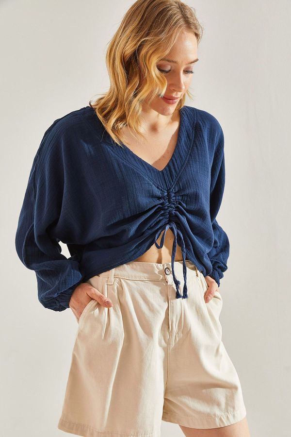 Bianco Lucci Bianco Lucci Women's Front Gathered Muslin Linen Fabric Blouse