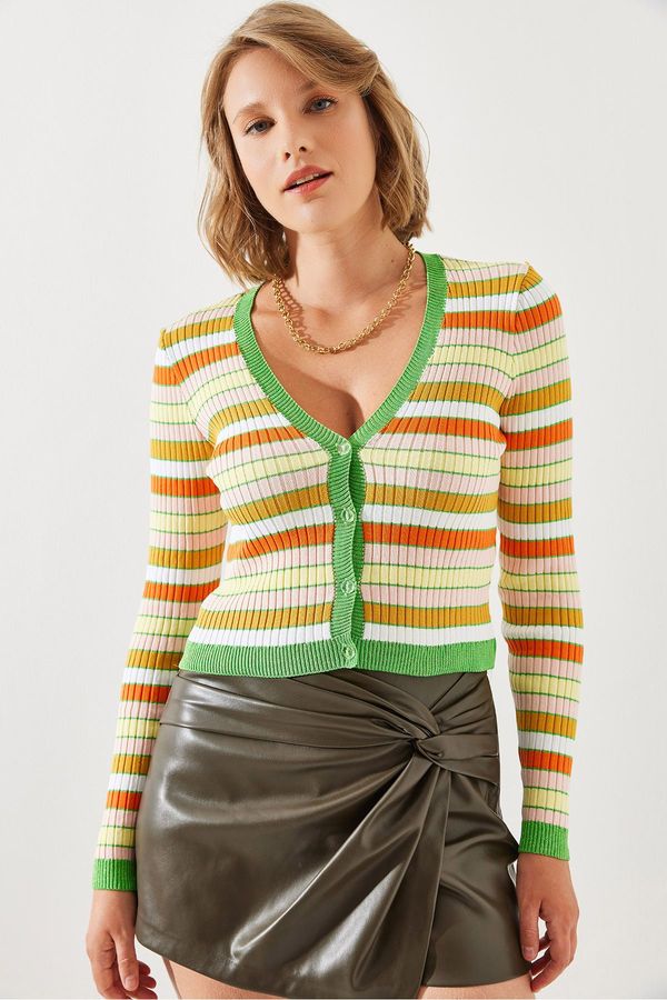 Bianco Lucci Bianco Lucci Women's Glitter Detailed Striped Basic Cardigan