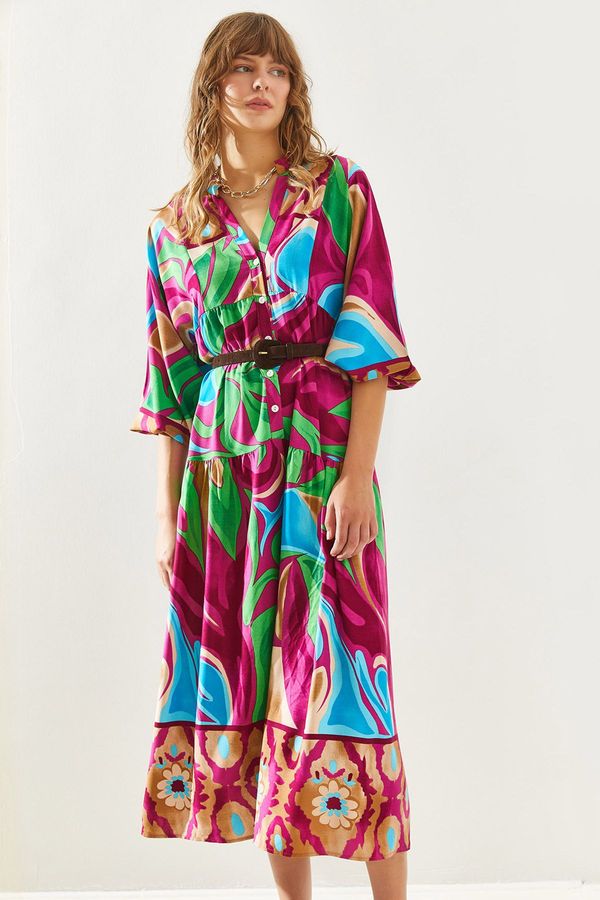 Bianco Lucci Bianco Lucci Women's Half Buttoned Plaid Katkat Flounced Patterned Dress