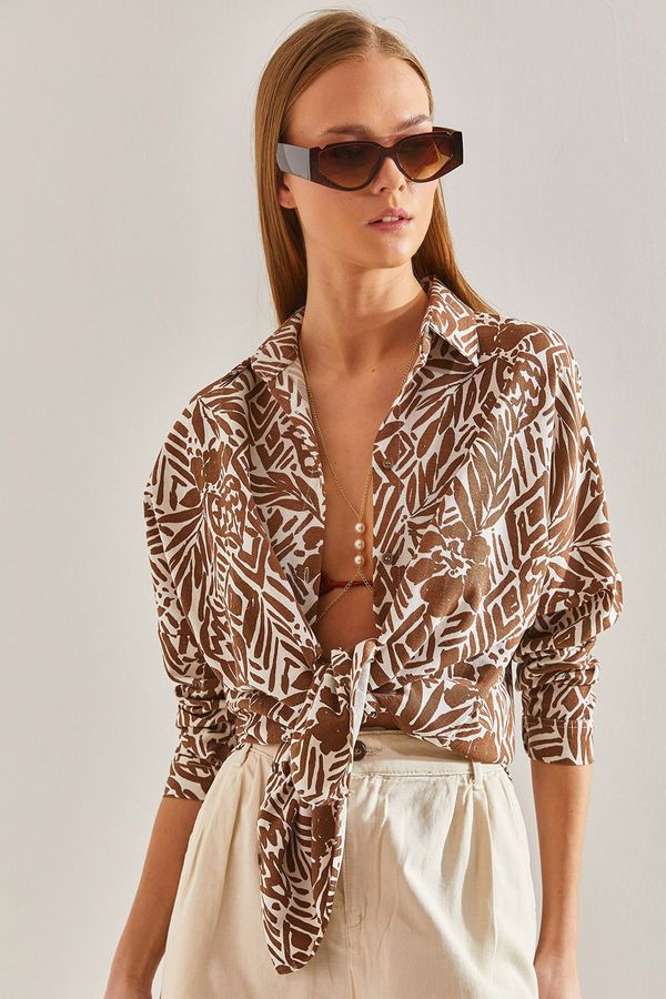 Bianco Lucci Bianco Lucci Women's Leaf Patterned Casual Linen Shirt