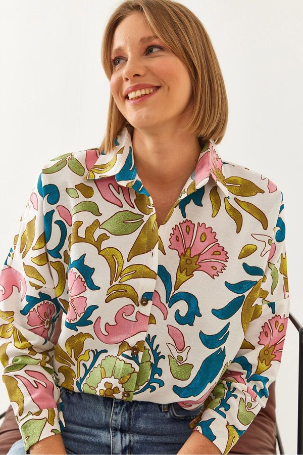 Bianco Lucci Bianco Lucci Women's Multi Patterned Casual Linen Shirt