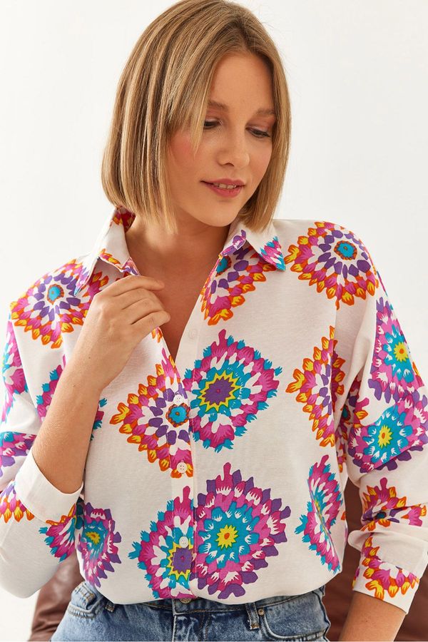 Bianco Lucci Bianco Lucci Women's Multi Patterned Casual Linen Shirt