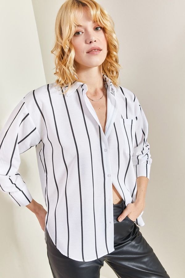 Bianco Lucci Bianco Lucci Women's One-Pocket Striped Oversize Shirt