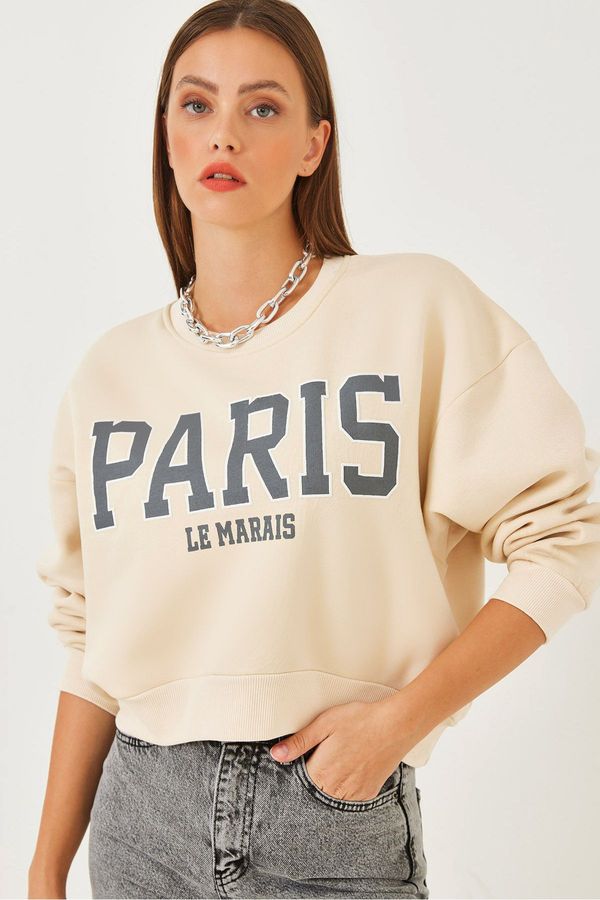 Bianco Lucci Bianco Lucci Women's Paris Printed Three Thread Raised Sweatshirt