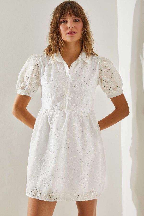 Bianco Lucci Bianco Lucci Women's Patterned Shirt Collar Scalloped Dress