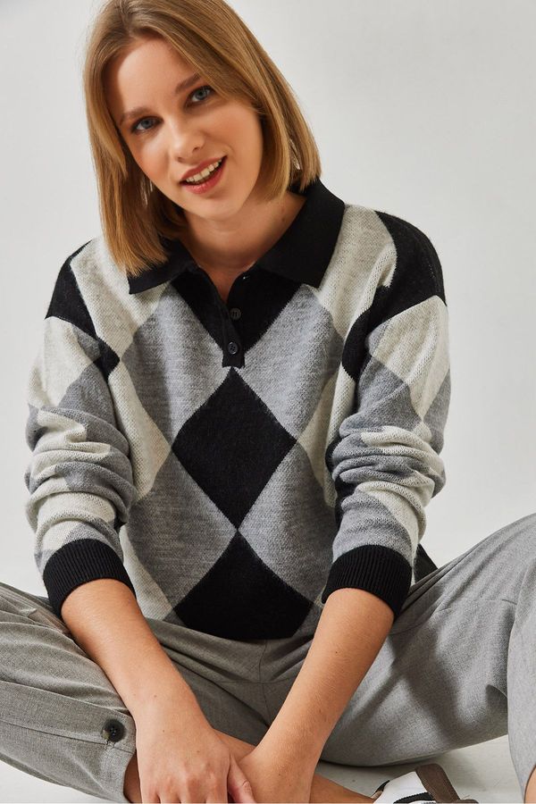 Bianco Lucci Bianco Lucci Women's Polo Neck Diamond Patterned Knitwear Sweater 5255