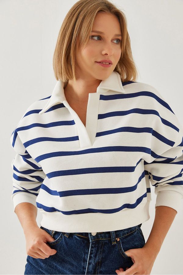 Bianco Lucci Bianco Lucci Women's Polo Neck Three Thread Raised Stripe Sweatshirt
